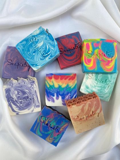 So much color and creativity in one photo! This is a preview of a website restock, featuring a wide range of my artisan soap bars.