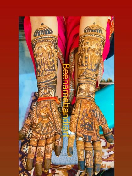 A complete view of a story-based bridal mehandi. The design includes portraits, wedding scenes, and traditional patterns covering the hands and arms.
