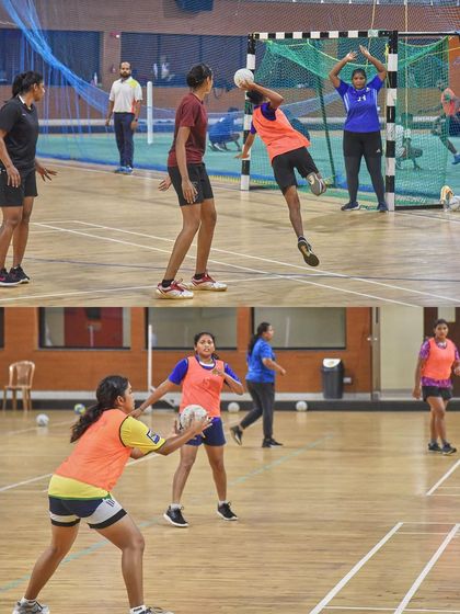 More action from the women's team practice. The top panel shows a player taking a shot on goal, while the bottom panel captures a quick pass between teammates.