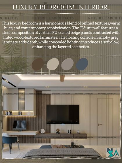 A still from the video, focusing on the bedroom's functional TV and study area. The floating console and concealed lighting create a clean, modern aesthetic while providing ample workspace.