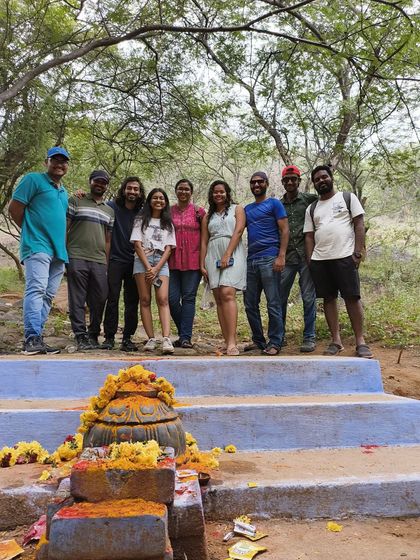 A group photo at the Papagni temple, which marks the starting point of the Skandagiri trek.