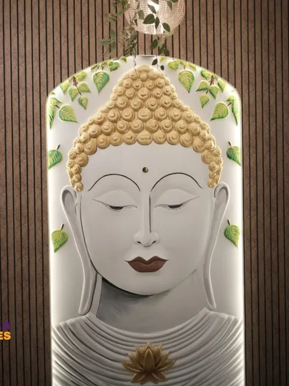 Craftsmanship is at the heart of our designs. This custom-made Buddha bas-relief artwork, set against a wood-paneled wall, was created on-site to bring a sense of peace and spirituality to the spa's atmosphere.