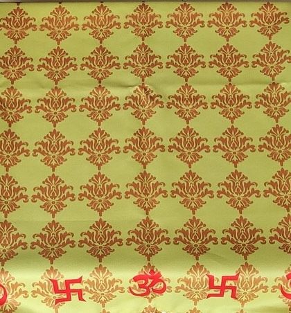 The full view of the traditional lime-green antarpat, showcasing the repeating damask pattern and the border of auspicious symbols. It's a beautiful and meaningful piece for your wedding ceremony.