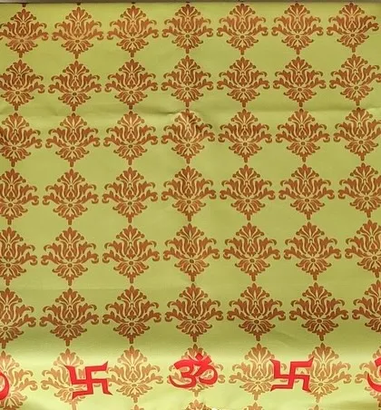 The full view of the traditional lime-green antarpat, showcasing the repeating damask pattern and the border of auspicious symbols. It's a beautiful and meaningful piece for your wedding ceremony.