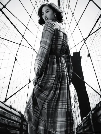 Creating a powerful editorial moment in New York. I chose this flowing plaid dress to contrast with the graphic lines of the Brooklyn Bridge, giving it a high-fashion, metropolitan feel for this model's portfolio.