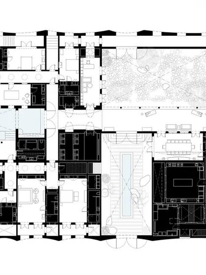 The foundational plan of the Dua Villa, based on a 9x9 unequal grid. This diagram shows the two main axes that organize the home, creating a clear logic for the labyrinth of living spaces, courtyards, and verandahs.