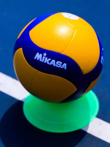 A vibrant Mikasa volleyball, perfectly placed and ready for action. Quality equipment makes a real difference in training.
