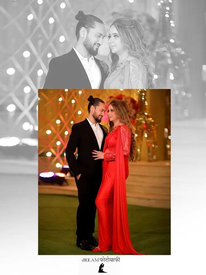A stylish black and white and color-splash collage of a couple at their event, highlighting the bride's striking red outfit.