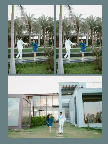 A collage showing the couple walking hand-in-hand on the lawn of a modern property, capturing their joyful and relaxed interaction.