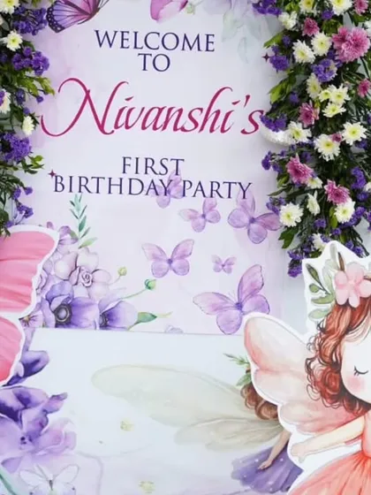 I can enhance a printed welcome sign with fresh flowers and 3D cutouts, like this one for a butterfly fairy party. It adds a beautiful, premium touch to the entrance decor.