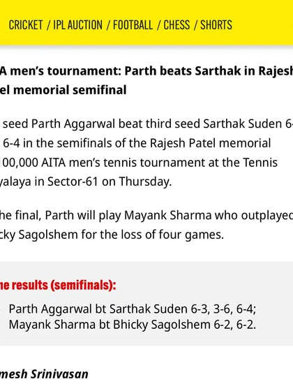 Media coverage of the Rajesh Patel Memorial AITA men's tournament semi-finals, hosted at Tennis Vidyalaya.