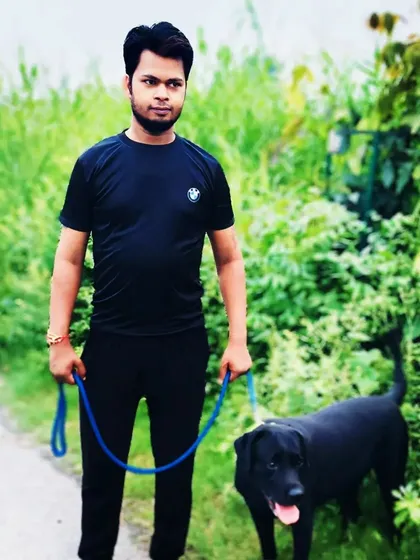 Out for a walk with a handsome black Labrador. I always choose routes with plenty of greenery so dogs can experience different sights and smells, making their walk more stimulating.