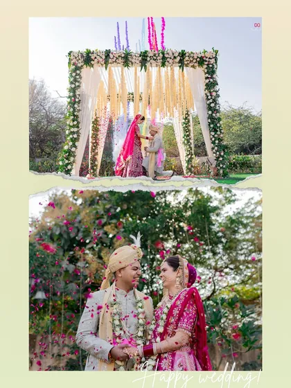 A collage of an outdoor garden wedding, showing the couple at their beautifully decorated mandap and sharing a romantic moment after the ceremony.
