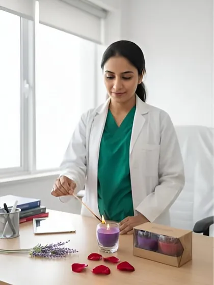 Create your own personal oasis. A doctor lights a lavender scented candle in her office, showing how a simple flame can bring a moment of calm to a busy professional day.