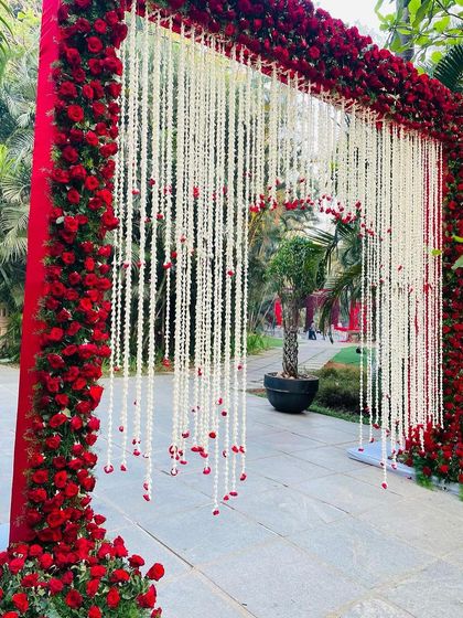 The full entrance arch, showcasing the dramatic combination of a dense red rose frame and a curtain of white floral strings.