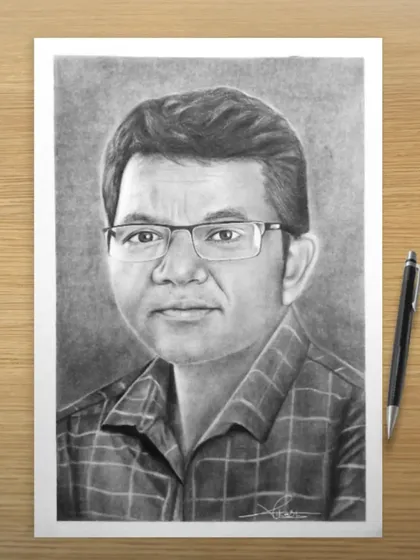 A commissioned portrait of a man with glasses.