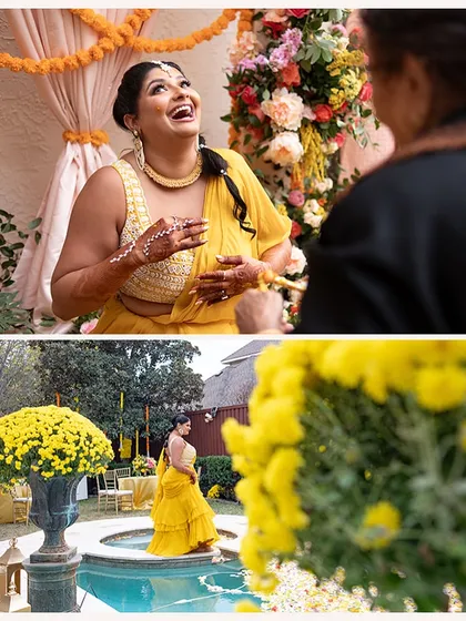 A collage of moments from the bride's Haldi, from her joyful laughter to quiet moments by the pool. Her yellow saree is the perfect uniform for a day of fun.