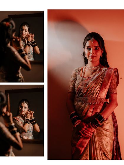 A collage of the bride getting ready, with dramatic red lighting. These artistic shots capture the mood and anticipation as she prepares for her reception.