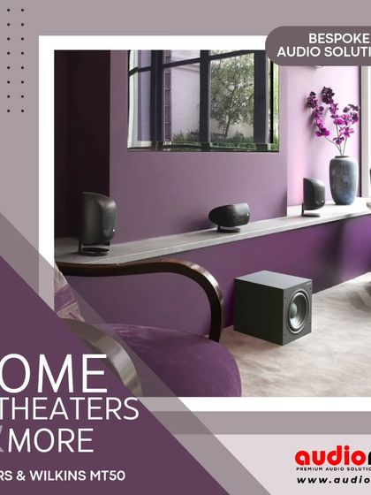 The Bowers & Wilkins MT50 is a compact 5.1 channel system perfect for smaller rooms. This image helps visualize how satellite speakers and a subwoofer can be arranged for an immersive experience.