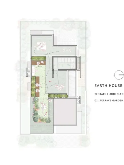 The terrace floor plan for the "Earth Villa," dedicated entirely to a rooftop garden. This demonstrates our commitment to maximizing green space, even in dense residential settings.