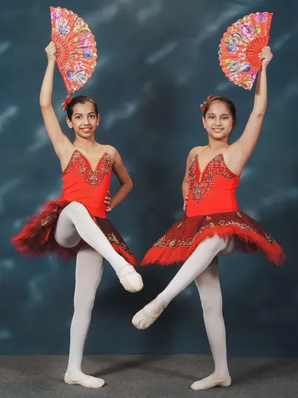 Dancers from our 'Don Quixote' performance. The use of fans as props adds a fiery, Spanish-inspired flair to the classic ballet choreography, showcasing both technique and personality.