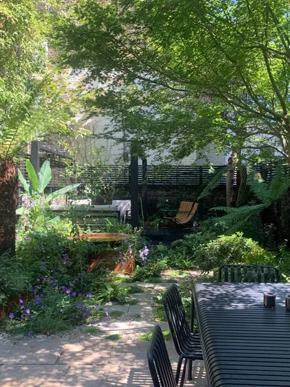 A shady and serene patio area perfect for a quiet afternoon. We designed this space with a large outdoor dining table set amongst tree ferns and other lush foliage, providing a cool escape.