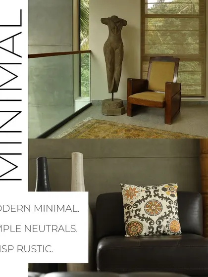 This collage illustrates our "modern minimal, simple neutrals, crisp rustic" style. It features a wooden sculpture, a classic armchair, and natural decor elements that add character to a minimalist space.