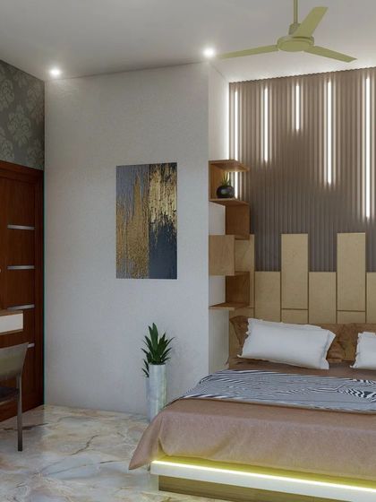 Another look at the bedroom with the unique lighted headboard, showing the study nook with its open shelving for books and decor.