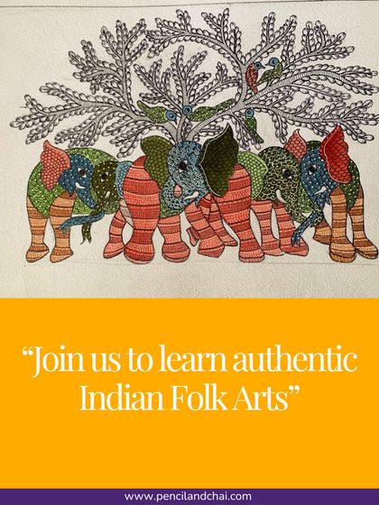 A vibrant Gond painting of elephants, inviting you to join us and learn authentic Indian Folk Arts. The unique patterns and colors are characteristic of this beautiful tribal tradition.