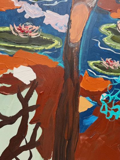 A close-up of the lily pond painting, showing the thick, textured brushstrokes used to create the flowers and leaves. I love adding these little details that you only notice up close.