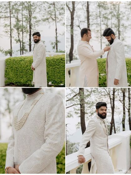 A collage showing the groom, Rishabh, getting ready for his wedding, with his friends helping him with the final touches.