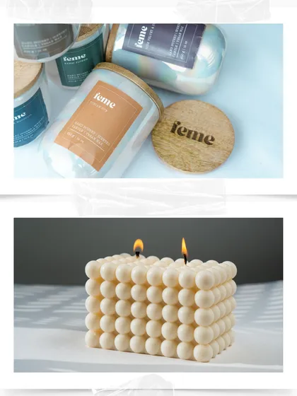 A closer look at our Holographic Jar with its engraved wooden lid, alongside our large bubble candle. Two of our most popular items for gifting.
