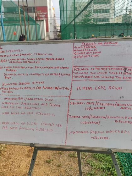 Our session plan for the day written on a whiteboard. This shows our structured and organized approach to training.