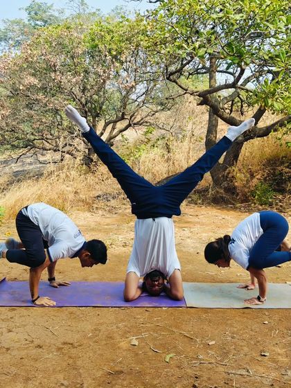 An advanced group pose during our yoga trek. We take our practice everywhere, finding new challenges and beautiful backdrops in nature.