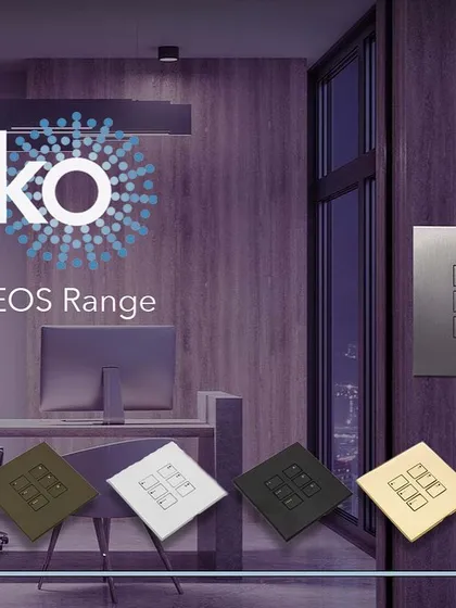 An overview of the Rako EOS keypad range, showcasing the variety of finishes available to suit any environment, from a modern office to a luxury home.