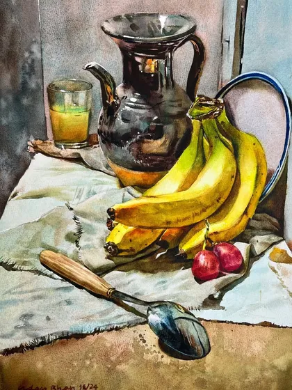 Still life painting is a wonderful practice in observing textures and light. Here, I explored the contrast between the metallic sheen of the jug, the soft ripeness of the bananas, and the crisp folds of the cloth.