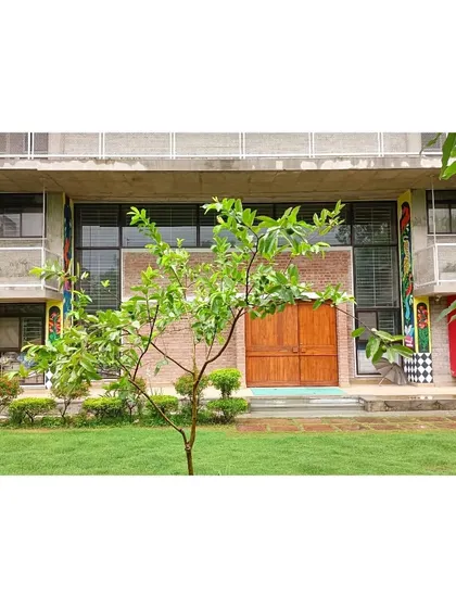 The entrance of the Eklavya campus in Bhopal, with its vibrant murals and lush green lawn. The building integrates art and nature, reflecting the institution's creative and educational ethos.