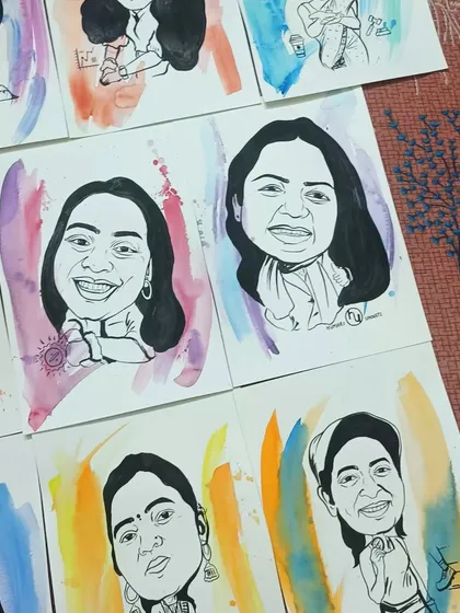 A display of the colorful and lively caricatures created for the Pidilite Women's Day event. I enjoyed bringing a smile to each person's face with my art.