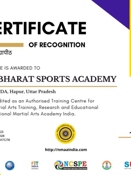 This is the official Accreditation Certificate awarded to Active Bharat Sports Academy, authorizing it as a training, research, and educational center for NMAA programs from 2023 to 2028.