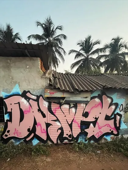 The finished piece in Siolim, Goa. The pink and blue colors against the old wall and the palm trees in the background, that's the Goa vibe.