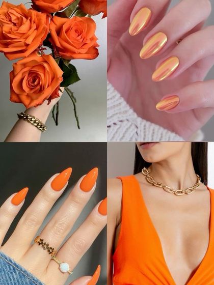 An orange-themed mood board, from bright chrome to deep pumpkin shades.