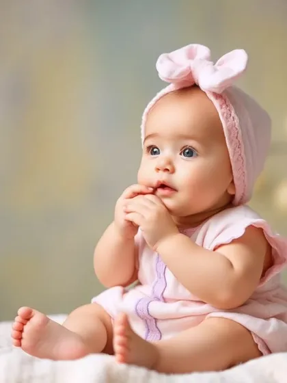 A sweet, thoughtful portrait of a baby girl in a pink outfit, captured with soft lighting to emphasize her innocent expression.