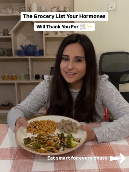 This is the grocery list your hormones will thank you for. Here I am with a plate of food perfectly balanced for one of the phases, showing you how to eat smart for every part of your cycle.