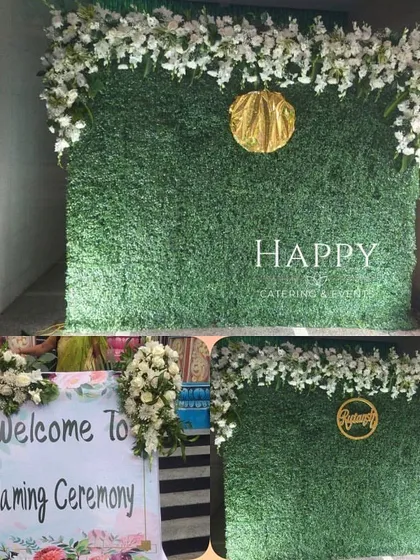 A collage showcasing a simple greenery backdrop and a matching welcome sign for a naming ceremony, both adorned with fresh white flowers.