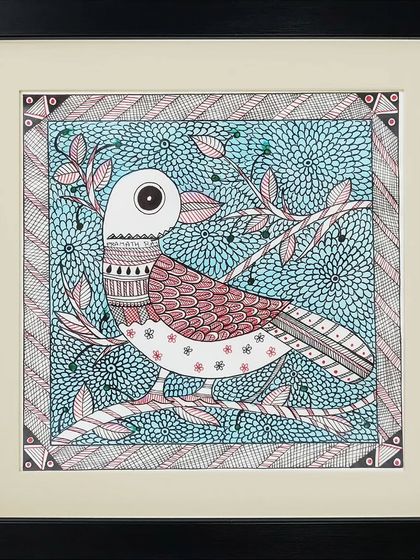 A simple yet elegant Madhubani bird on a branch, set against a patterned blue background.