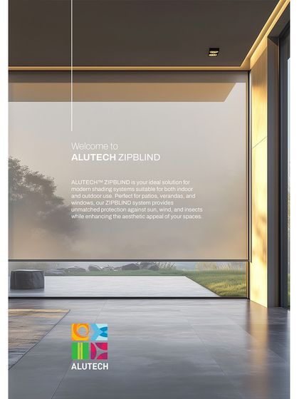 This is the welcome page from our Alutech Zipblind brochure, highlighting its suitability for both indoor and outdoor use on patios, verandas, and windows to provide protection and enhance aesthetics.