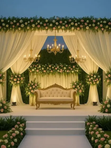 This elegant reception stage combines classic and contemporary elements. We used soft cream drapery, blush and white floral arrangements, and warm chandelier lighting to create a sophisticated and timeless backdrop for the couple.