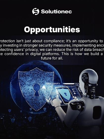 We see data protection as an opportunity to build trust. This image of a bot interacting with a security shield visualizes how we invest in stronger security measures and data encryption to reduce breach risks and enhance user confidence in digital platforms.