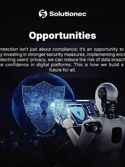 We see data protection as an opportunity to build trust. This image of a bot interacting with a security shield visualizes how we invest in stronger security measures and data encryption to reduce breach risks and enhance user confidence in digital platforms.