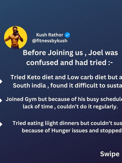 Before joining, Joel was confused by diets like Keto and couldn't stay regular at the gym. Our program provided the accountability he was missing, showing him how to eat what he loves and still lose weight. His diet included simple, balanced meals like you see here.